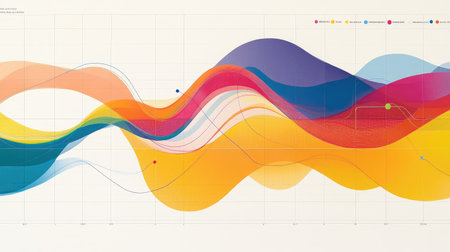 Dynamic chart with multiple line graphs intersecting, using bright colors against a minimalist grid for a professional data presentationの素材