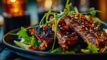 Close-up of crispy grilled pork ribs with charred edges, glistening with sauce and pepper flakes, highlighting the mouthwatering textures and flavorsの素材