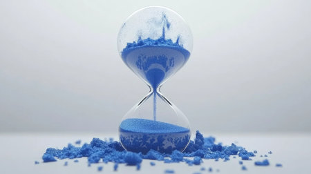 Hourglass filled with blue sand on a clean, white background, with grains cascading down, symbolizing the passage of timeの素材