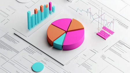 Minimalist pie charts and bar graphs with bright colors on a clean white background, representing data visualization and analysisの素材