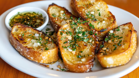 Close-up of perfectly toasted bread slices with a golden, crispy texture and slight char marks, arranged on a white plateの素材