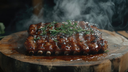 Juicy, grilled pork ribs glistening with a rich barbecue glaze, garnished with fresh herbs and served on a rustic wooden platter, with a smoky backgroundの素材