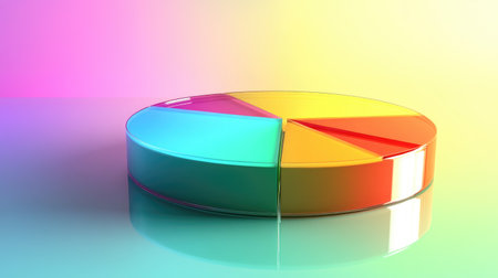 Multi-segmented pie chart in gradient colors, floating on a transparent surface, symbolizing diverse data categoriesの素材