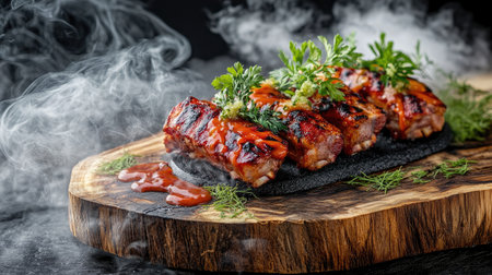Juicy, grilled pork ribs glistening with a rich barbecue glaze, garnished with fresh herbs and served on a rustic wooden platter, with a smoky backgroundの素材