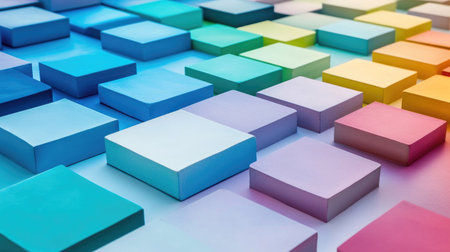 Minimalist design with colorful gradient blocks in a staggered pattern on a white background, representing modern graphics and creativityの素材