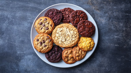 Overhead view of assorted cookies, including chocolate chip and oatmeal, arranged in a circular pattern on a white plateの素材