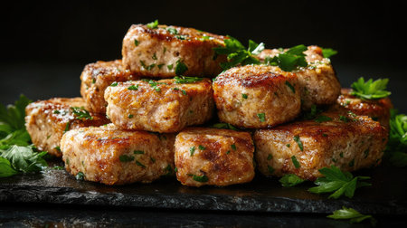 Pile of assorted fried chicken pieces with crispy, golden skin, garnished with parsley on a dark backgroundの素材