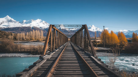Railway tracks passing over a steel bridge, with a river flowing below and mountains in the distance under a clear skyの素材