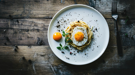 Spaghetti carbonara served on a white plate with egg yolk, parmesan shavings, and black pepper, set on a wooden tableの素材