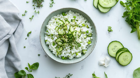 Overhead view of a vibrant serving of American fried rice in a bowl, surrounded by fresh herbs, sliced cucumbers, and a drizzle of soy sauce for added flavorの素材