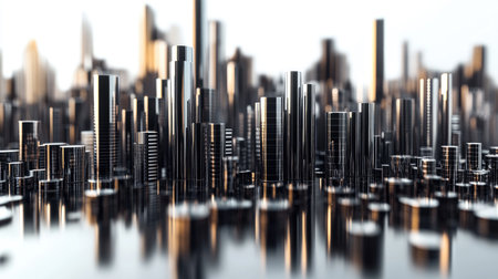 Stacked D bar graphs in metallic tones, arranged in a pattern on a white reflective surface, highlighting complex data visualizationの素材