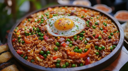 Wide shot of a beautiful platter of American fried rice decorated with colorful bell peppers, green peas, and topped with an egg, ready to serveの素材