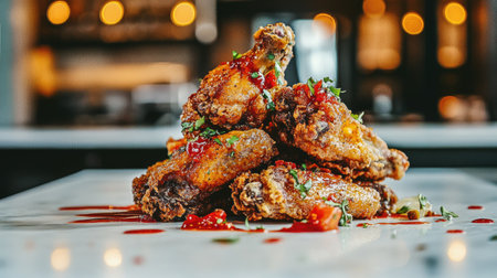 Pile of spicy fried chicken wings with a crunchy coating, arranged on a clean white surface for a minimalist presentationの素材