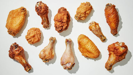 Overhead view of fried chicken wings and drumsticks arranged in a circular pattern on a white background, highlighting the crunchy textureの素材
