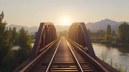 Railway tracks passing over a steel bridge, with a river flowing below and mountains in the distance under a clear skyの素材