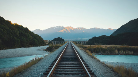 Railway tracks passing over a steel bridge, with a river flowing below and mountains in the distance under a clear skyの素材