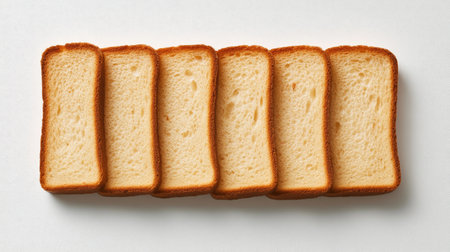 Overhead view of sliced bread with visible air pockets and a crusty golden edge, placed on a simple white backgroundの素材