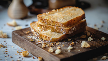 Rustic presentation of toasted bread slices with golden edges, set on a wooden cutting board with crumbs scattered aroundの素材