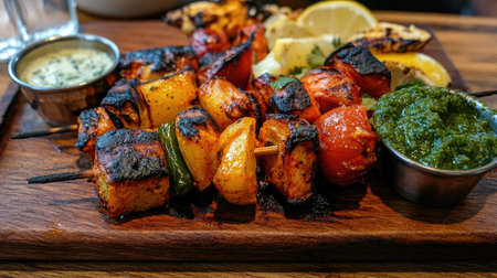 Selection of tandoori grilled vegetables on a skewer, with a side of mint chutney and lemon wedges on a rustic wooden boardの素材