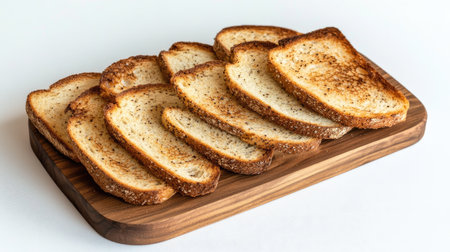 Toasted bread slices with golden-brown edges, arranged in a fan shape on a minimalist wooden board against a white backgroundの素材