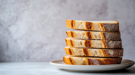 Thick slices of brioche bread with a light golden crust, stacked on a white plate with a clean backgroundの素材