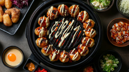 An exquisite grilled Asian cuisine platter featuring vibrant flavors and textures. This enticing arrangement showcases savory dishes, fresh ingredients, and delicious sauces, perfect for any dining occasion.の素材