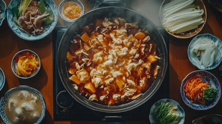 A steaming hot pot filled with fresh ingredients, including meat and vegetables, captures the essence of Asian dining culture. Perfect for sharing!の素材