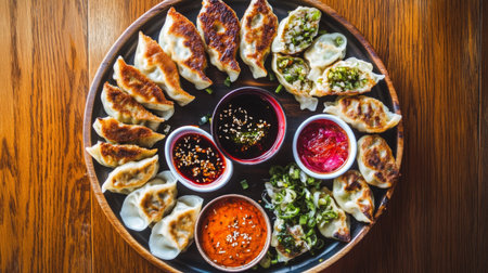 A tempting assortment of dumplings arranged beautifully on a wooden plate, accompanied by colorful dipping sauces, perfect for sharing or enjoying a tasty meal.の素材