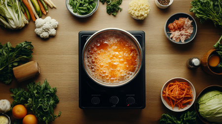 A vibrant overhead shot of aromatic broth simmering on a stovetop, surrounded by fresh vegetables and herbs, emphasizing healthy cooking and culinary creativity.の素材