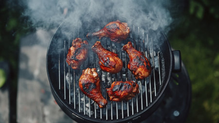 Juicy chicken drumsticks grilling over an open flame create a smoky feast. Perfect for summer gatherings, this scene highlights delicious outdoor cooking.の素材
