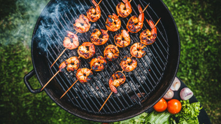Succulent shrimp skewers grilling on a charcoal barbecue, surrounded by fresh ingredients. Perfect for summer gatherings and culinary delights.の素材
