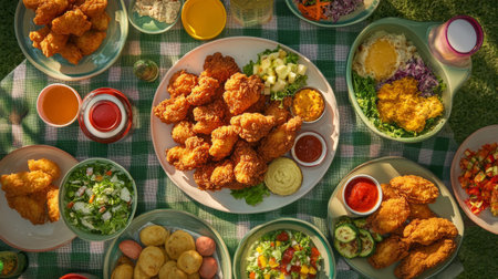 A vibrant outdoor feast featuring fried chicken, fresh salads, and assorted sides, beautifully arranged on a picnic tablecloth, ideal for gatherings.の素材