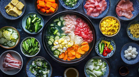 Discover a vibrant display of fresh ingredients perfect for preparing a delicious hot pot meal, featuring vegetables, meats, and seafood arranged thoughtfully.の素材