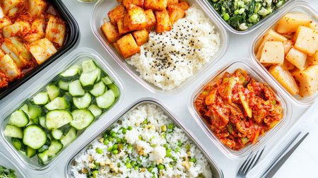 A vibrant display of various Korean dishes featuring kimchi, rice, and fresh vegetables. Perfect for showcasing healthy meal prep or traditional cuisine.の素材