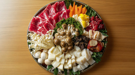 A beautifully arranged platter featuring an array of fresh vegetables and meats. This colorful display showcases mushrooms, broccoli, carrots, and more, perfect for any gathering.の素材