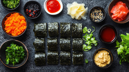 Vibrant assortment of sushi ingredients neatly arranged on a dark surface. Includes seaweed, seafood, and various condiments, showcasing culinary delights.の素材
