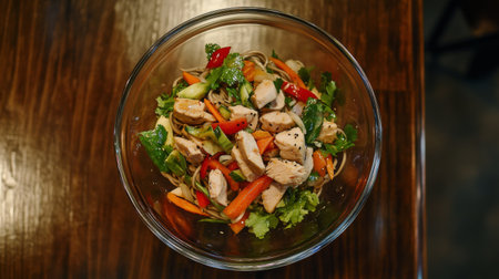 A vibrant chicken salad featuring fresh vegetables and noodles in a clear bowl. Perfect for healthy meals, this dish offers a colorful presentation and rich flavors.の素材