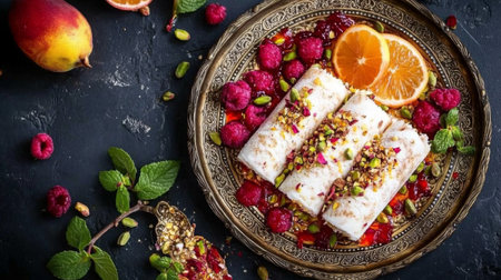 Delight in a beautiful presentation of traditional Middle Eastern dessert, featuring flavors of honey, raspberry, and pistachio garnished with fresh fruit, showcasing vibrant colors and textures.の素材