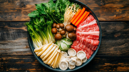 A vibrant assortment of fresh ingredients arranged for a hot pot meal. This colorful platter includes vegetables, mushrooms, and meat, perfect for a delightful dining experience.の素材