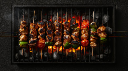 Delicious grilled skewers feature juicy chicken and vibrant vegetables cooked over charcoal. Perfect for summer barbecues and outdoor gatherings. Enjoy!の素材