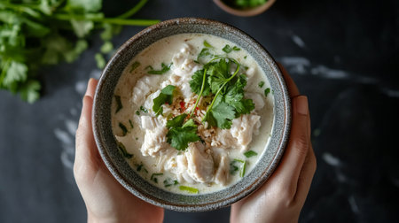 This mouthwatering creamy coconut soup features fresh herbs, tender chicken, and aromatic flavors, perfect for a warming meal any time of the day.の素材
