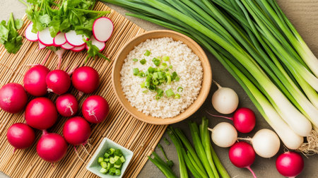 A vibrant arrangement of fresh vegetables including radishes, green onions, and rice set against a rustic background, perfect for healthy and delicious meals.の素材