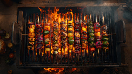Colorful meat and vegetable skewers sizzling on a barbecue grill. Flames dance around the vibrant ingredients, showcasing a delicious summer feast.の素材
