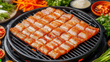 A mouthwatering display of grilled pork belly with crispy skin arranged attractively alongside fresh vegetables, perfect for food enthusiasts seeking culinary inspiration.の素材