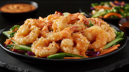This vibrant shrimp dish features crispy sesame-covered shrimp atop a bed of fresh vegetables, perfect for an appealing meal option at any dining table.の素材