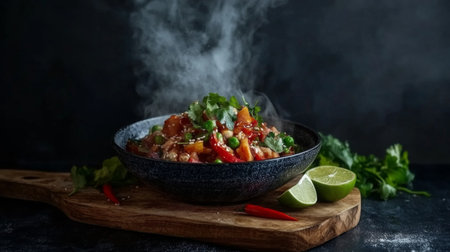 A steaming bowl of vibrant spicy dish featuring fresh vegetables, herbs, and chili, served on a wooden board. Perfect for culinary inspiration.の素材