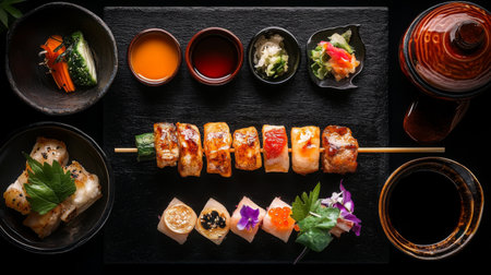 Experience the vibrant beauty of Japanese cuisine with a stunning arrangement of sushi, grilled skewers, and fresh vegetables, perfect for any meal.の素材