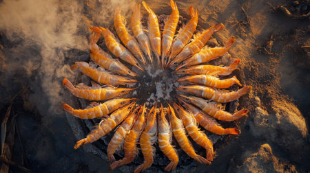 A stunning aerial view of grilled shrimp arranged in a circular pattern over glowing coals. This vibrant display showcases a delicious seafood feast, perfect for outdoor gatherings.の素材
