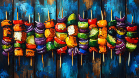 Bright and vibrant vegetable skewers arranged on a rustic wooden table, capturing the essence of summer grilling and healthy eating. Ideal for food-themed projects.の素材