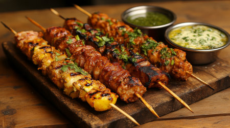 Enjoy an array of grilled skewers seasoned with herbs and served with vibrant sauces on a rustic wooden platter, perfect for outdoor dining.の素材
